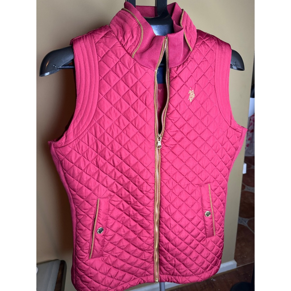 US Polo Assn Womens Quilted‎ Vest Pink Diamond Stitch Mock Neck Gold Zip Large